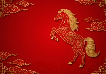 The horse is adorned with intricate golden patterns. luxury red and gold chinese horse new year background, 2026 new year with copy space for text, a dynamic pose against a vibrant red background. 
