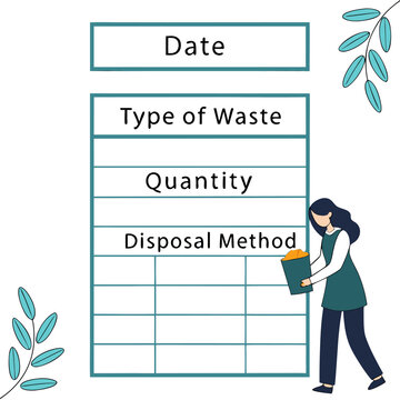 Waste management tracking chart with categories for date type of waste quantity and disposal method illustrated with a person depositing waste