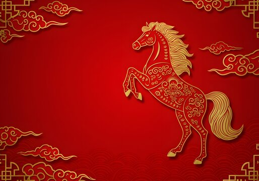 The horse is adorned with intricate golden patterns. luxury red and gold chinese horse new year background, 2026 new year with copy space for text, a dynamic pose against a vibrant red background. 
