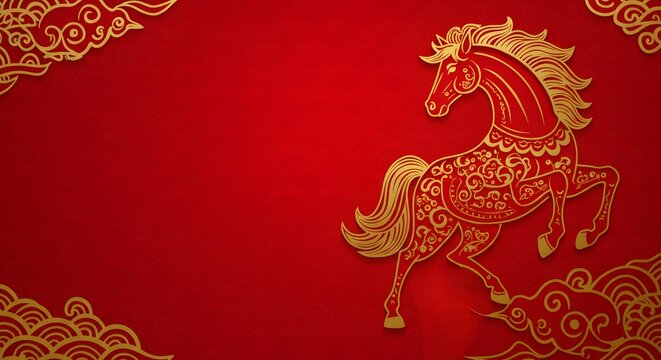 The horse is adorned with intricate golden patterns. luxury red and gold chinese horse new year background, 2026 new year with copy space for text, a dynamic pose against a vibrant red background. 
