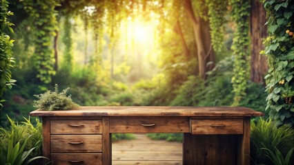 Rustic Wooden Desk in a Serene, Sun-Dappled Forest Setting, Ideal for Product Display and Nature-Inspired Designs
