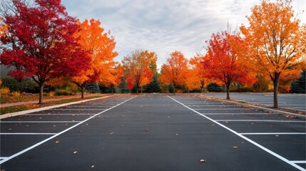 Empty Parking Lot Surrounded by Vibrant Autumn Trees on a Cloudy Day, Featuring Vivid Colors