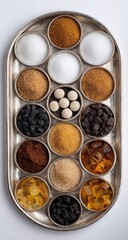 Oval tray filled with various granulated and powdered sugars, spices, and small, round candies
