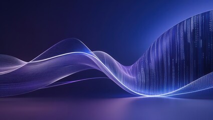 Abstract flowing lines in blue and purple create a futuristic digital data landscape with an illuminated reflective surface offe a cutting edge aesthetic.