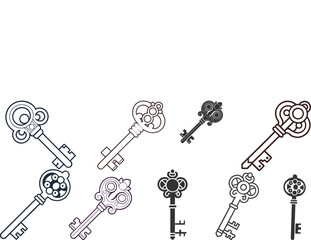 Ornate Antique Keys:  Elegant Black and White Line Art Design, Scattered, White Background