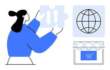 Woman placing puzzle piece with up and down arrows near globe and storefront icon. Ideal for e-commerce, logistics, global trade, teamwork, integration, digital solutions, creative thinking. Simple