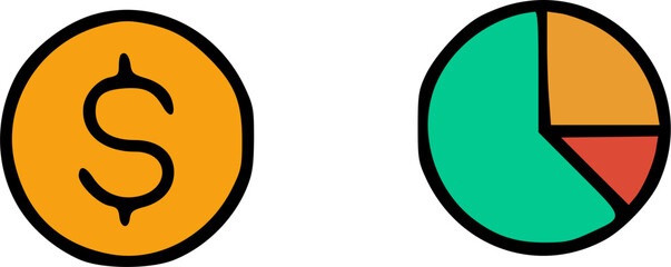 Financial icons representing money and a pie chart for business analysis and investment.