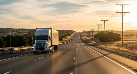 Obraz premium Freight Truck Driving on Rural Freeway with Clear Lane Markings and Utility Poles