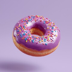 Delicious purple donut with colorful sprinkles on a light purple background