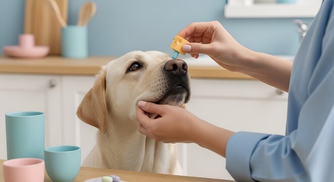 Owner gives Labrador dog medication using a fun cheese dispenser