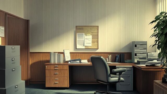 Sunlight illuminating empty vintage office with desk, chair and filing cabinets
