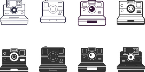 Retro Polaroid Camera Icons:  Black and White Line Art and Solid Graphic Set for Web and Print Design.