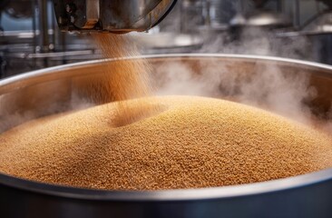 Metal mixing vessel, golden granules being poured in.  Steam rising.  Industrial setting