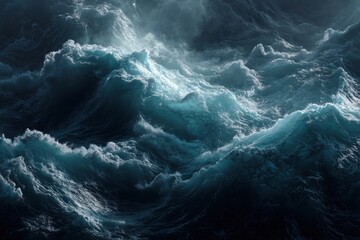 Turbulent ocean waves crashing in dramatic light