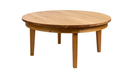 A round wooden coffee table with a smooth surface and four sturdy legs, showcasing a natural wood finish.