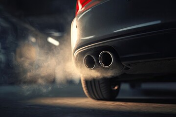 Exhaust fumes billow from a dark gray car's tailpipe in a subterranean parking garage