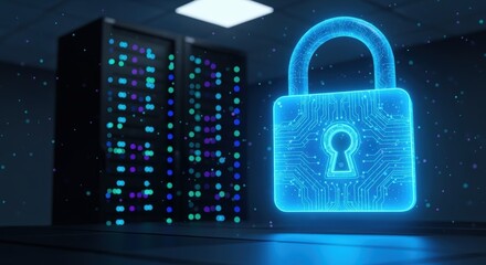 Data Security Concept: Padlock Icon with Server Room Background for Digital Protection Visualization