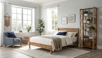 Fototapeta premium Cozy bedroom with natural wood bed and blue armchair