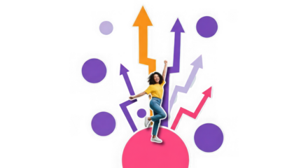 Ai generated image of young woman celebrating success with upward arrows isolated on transparent background