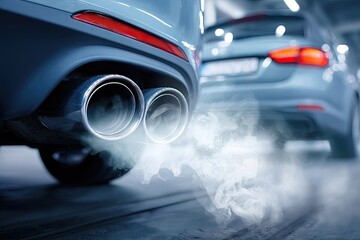 Exhaust fumes billowing from a modern car's dual exhaust pipes in a parking garage