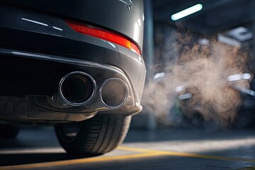 Gray car's exhaust pipes emitting smoke in a parking garage
