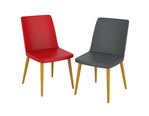 Two modern chairs, one red and one gray, with sleek designs and wooden legs, showcasing a contemporary aesthetic.