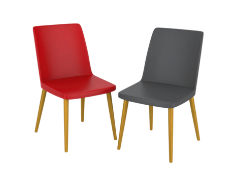 Two modern chairs, one red and one gray, with sleek designs and wooden legs, showcasing a contemporary aesthetic.