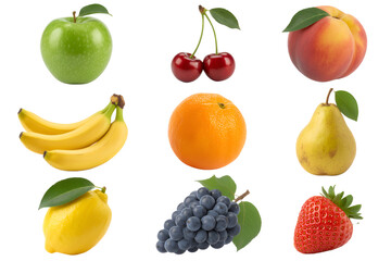 Fresh fruits apple banana orange strawberry healthy diet on transparent background