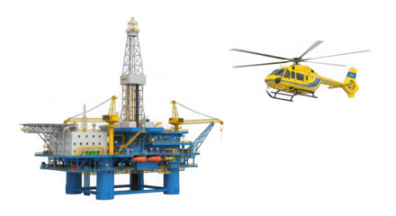 Ai generated image of offshore oil rig and yellow helicopter isolated on transparent background