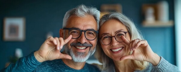 Close-up portrait of a happy, sincere middle-aged couple making a heart gesture with their fingers, expressing love and genuine emotion indoors, Generative AI