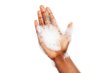 A hand is shown with foam, suggesting the act of washing or cleaning.