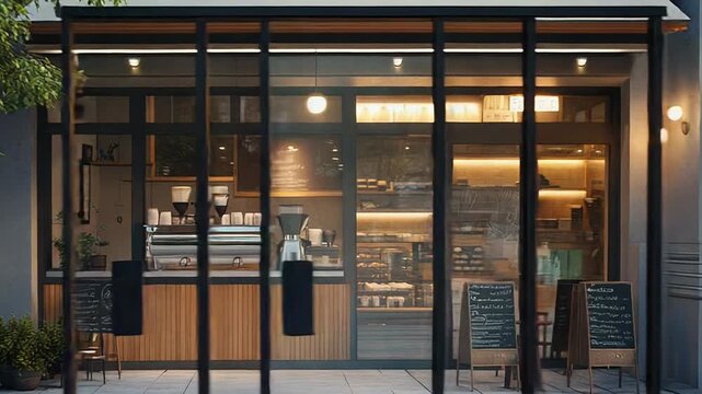 Modern coffee shop storefront with warm lighting displaying delicious pastries