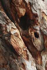Close-up of weathered tree bark with deep crevices and holes