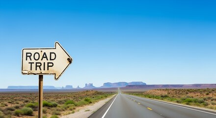 Road Trip Sign Points to a Scenic Desert Highway