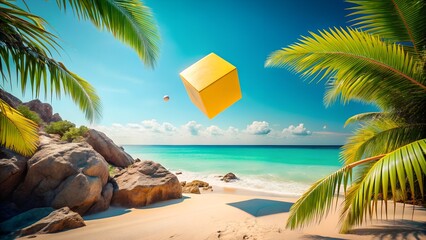 A vibrant tropical beach scene with a yellow cube floating in the air on a sunny day