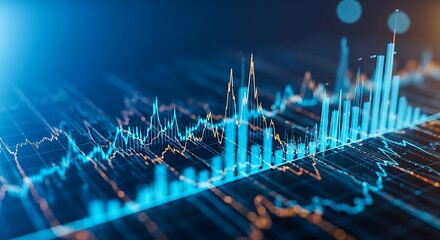 Glowing blue financial stock market data chart with upward trend