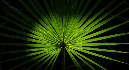 Obraz premium Vibrant green palm leaf with intricate pattern and sunlight highlights