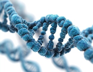 Close-up of a DNA double helix, depicted as a twisted,  blue, textured  strand against a white background.  The structure is highly detailed