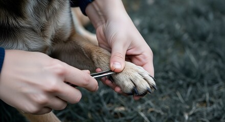 Owner's hands remove foreign object from dog's paw with tweezers