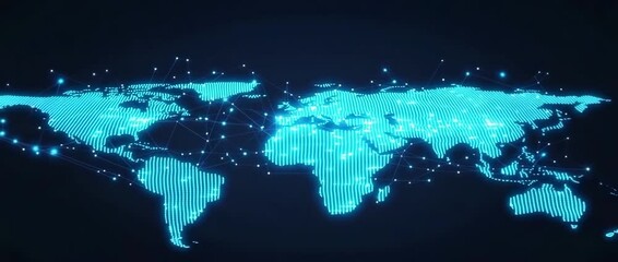 Digital glowing world map with connected network points and lines representing global communication technology and futuristic digital network connection showcasing global data flow and dynamic - Powered by Adobe