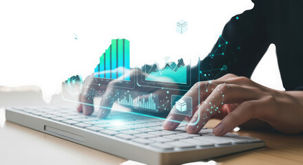 Ai generated image of hands typing on a keyboard with digital data analysis overlay isolated on transparent background
