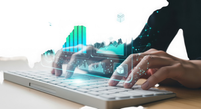 Ai generated image of hands typing on a keyboard with digital data analysis overlay isolated on transparent background