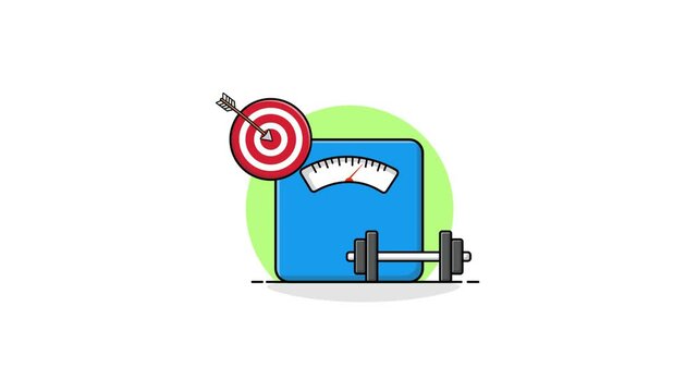 4k Weight Machine with Dumbbell and Goal Arrow. Weight Goal Concept Animation Video