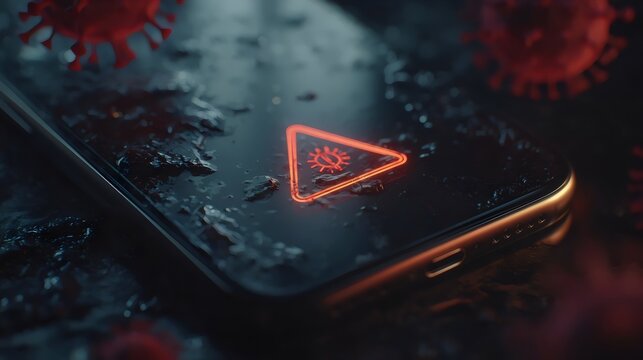 A close-up of a smartphone screen, with a neon warning symbol indicating a health alert related to a virus. The setting looks moody and wet. - Powered by Adobe