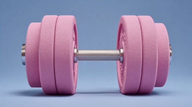 Bright pink weight resting in a tranquil blue room, radiating positivity and energy for fitness enthusiasts and home gym lovers