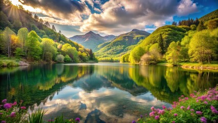 Serene mountain lake reflecting vibrant sunset hues, lush green hillsides, and wildflowers