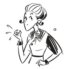 one fashionable women in a 1950s-inspired black-and-white cartoon style, bold lines, confident poses, one in a skirt suit, the other in a short skirt and sweater, mid-century modern illustration style