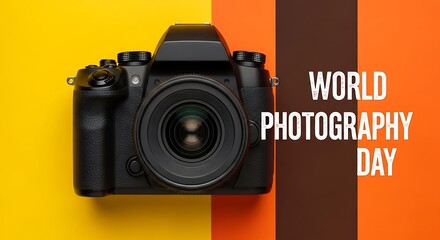 Modern black dslr camera on a colorful background celebrating world photography day