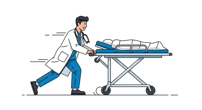 Doctor Urgently Pushing Patient on Stretcher - Emergency Medical Care Concept