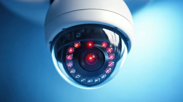 Surveillance camera infrared dome technology with advanced lens for security monitoring and safety protection featuring glowing red lights in modern safety system environments